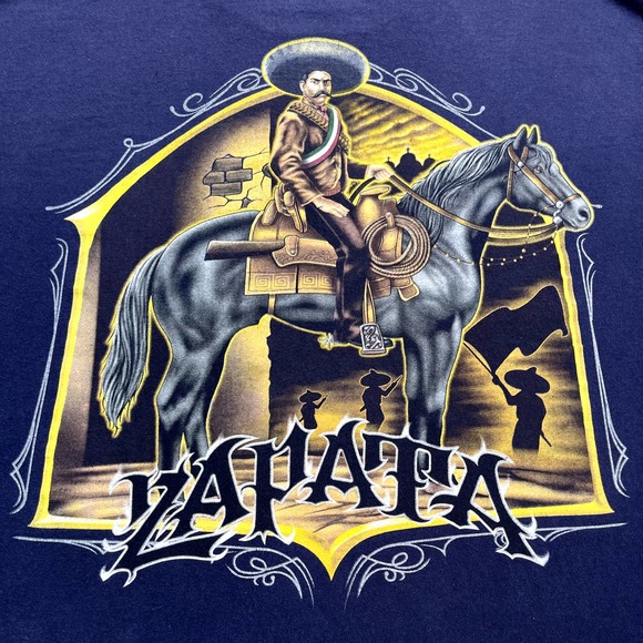 Vintage Emiliano Zapata T-Shirt Mens Medium Navy Blue Mexican Revolution Bandito - Picture 3 of 11